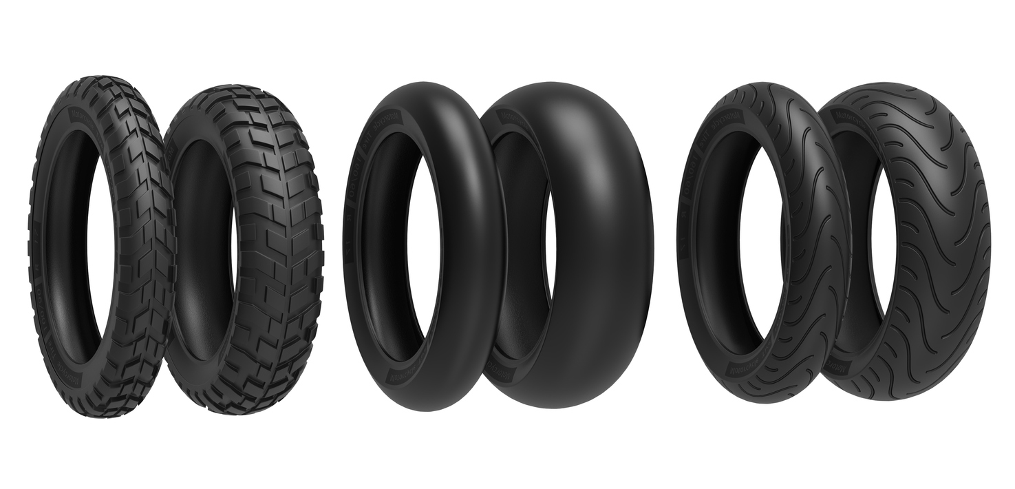 Front and rear, racing, road and off-road, motorcycle tires. 3d rendering. 3D illustration, isolated on white background.